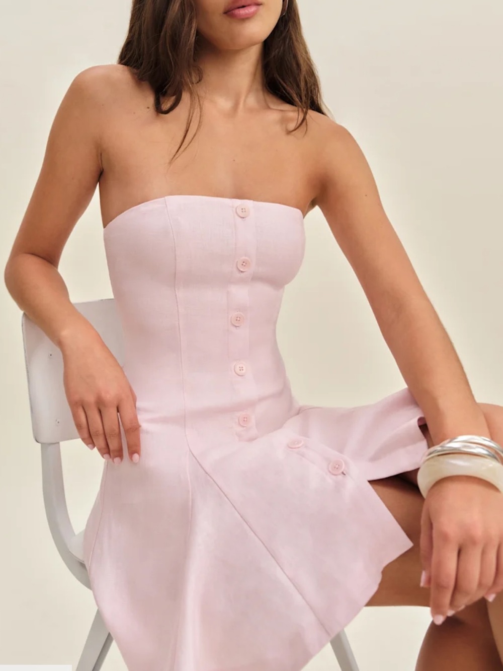 Reformation Derin Pink Linen Mini Dress Smocked Strapless/Halter - Picture 3 of 8